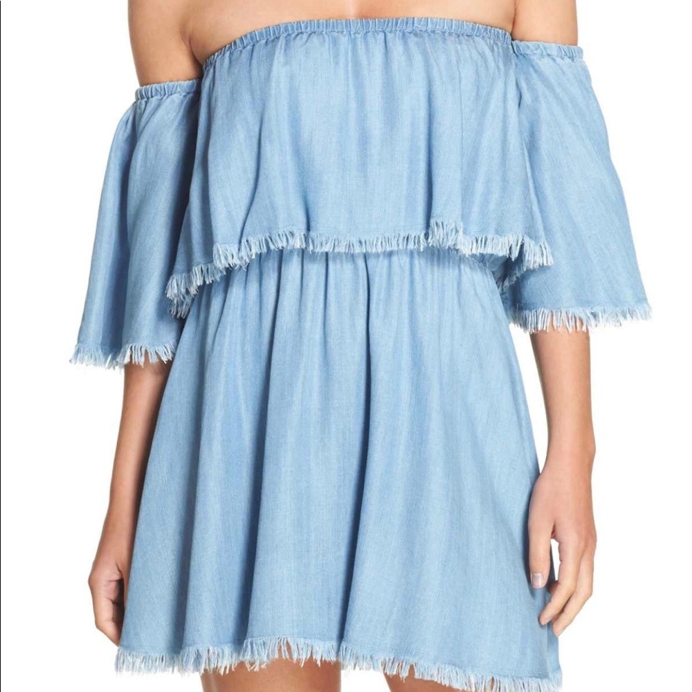 Elan Denim Chambray Off the Shoulder Dress